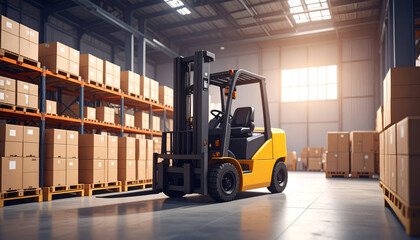 Industrial warehouse scene featuring a forklift, highlighting logistics in a soft amb