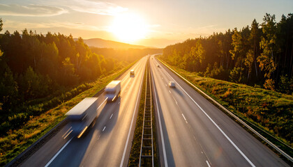 Sunset highway with blurred vehicle lights in motion, captured in warm golden tones