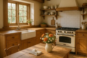 Cozy rustic kitchen with wooden cabinets and floral centerpiece  