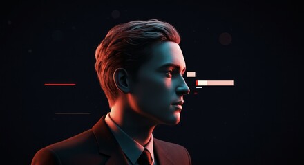 Obraz premium Pensive Young Man in Dark Suit Profile Futuristic Background