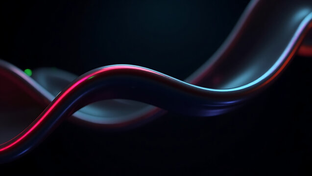 Black dark abstract background. Iridescent fluid glass wave. Prism shape 3D render. Smooth curve transition. Rainbow light flare. Bright glow shimmer. Neon metallic futuristic blur texture
