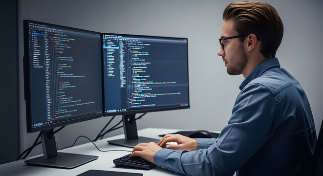 Focused male software engineer diligently writing code on dual monitors in a modern office, showcasing technological innovation.