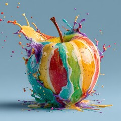 Vibrant apple bursting with colorful paint splashes against a clean white background. A dynamic and artistic image perfect for themes of health, creativity, and fresh ideas.