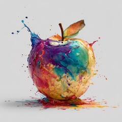 Vibrant apple bursting with colorful paint splashes against a clean white background. A dynamic and artistic image perfect for themes of health, creativity, and fresh ideas.