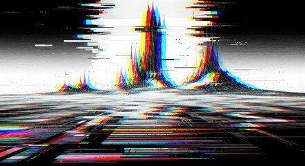 Glitch effect landscape with colorful digital distortion