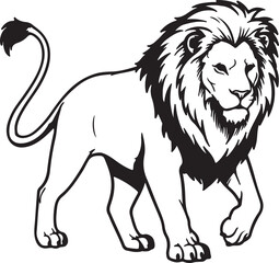 Obraz premium Walking lion with long curved tail and fluffy mane, outlined in clean black ink, hand-drawn illustration style.