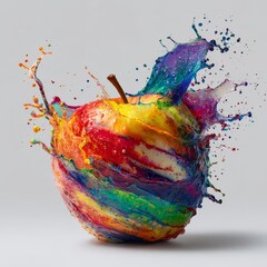 Vibrant apple bursting with colorful paint splashes against a clean white background. A dynamic and artistic image perfect for themes of health, creativity, and fresh ideas.