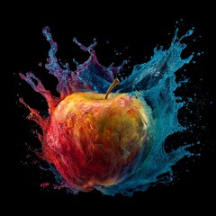 Vibrant apple bursting with colorful paint splashes against a clean white background. A dynamic and artistic image perfect for themes of health, creativity, and fresh ideas.