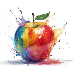 Vibrant apple bursting with colorful paint splashes against a clean white background. A dynamic and artistic image perfect for themes of health, creativity, and fresh ideas.