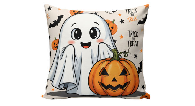 Adorable cartoon ghost and jack-o'-lantern design perfect for playful Halloween decorations and apparel