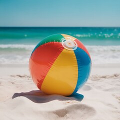 Obraz premium A vibrant multicolored beach ball rests on the soft sand with the turquoise ocean and clear blue sky in the background