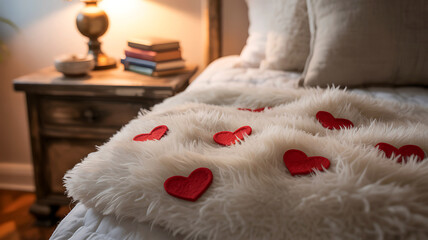 Cozy white faux fur blanket adorned with red hearts on a bed