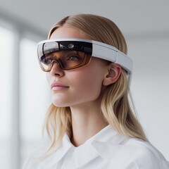 Focused woman using a sleek, modern AR (Augmented Reality) headset. Captures themes of innovation, technology, and immersive digital experiences in a clean, professional context.