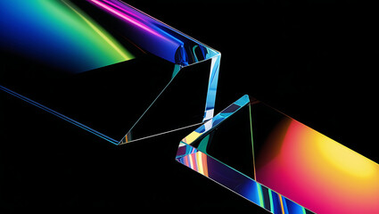 Black dark background with holographic crystal prisms. Rainbow neon light reflection. Color gradient glow. Smooth surface. Shiny glass edges. 3D abstract geometric shape. Futuristic glossy blur