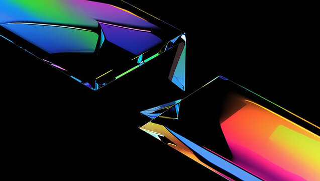 Black dark background with holographic crystal prisms. Rainbow neon light reflection. Color gradient glow. Smooth surface. Shiny glass edges. 3D abstract geometric shape. Futuristic glossy blur