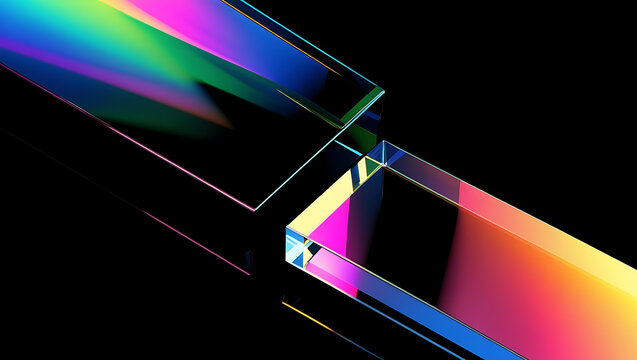 Black dark background with holographic crystal prisms. Rainbow neon light reflection. Color gradient glow. Smooth surface. Shiny glass edges. 3D abstract geometric shape. Futuristic glossy blur