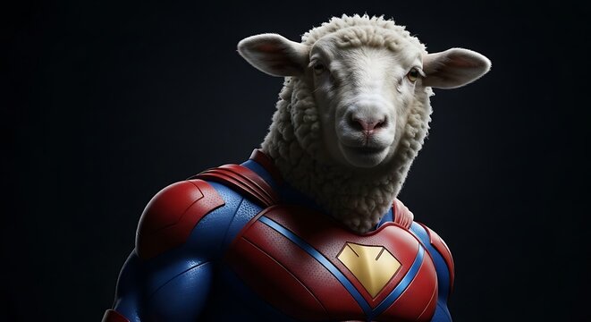 Superhero sheep in red and blue costume concept on dark background with powerful stance.