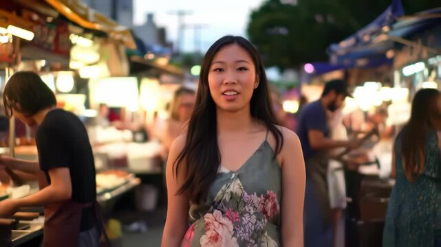 Smiling Asian woman walks through vibrant night market, concept for street food promotion, travel vlog and cultural exploration
