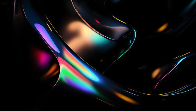  Black dark abstract background. Iridescent glass prism shape. Minimalist fluid 3D render. Camera flare, rainbow light reflection. Smooth curve. Glow shimmer neon metallic. Blurred digital texture.