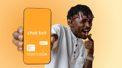 Engaging young man displays chatbot technology on smartphone with enthusiasm and style