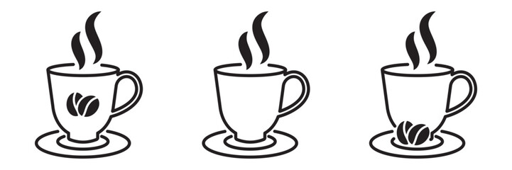 Set of coffee cup with steam and coffee beans isolated on transparent background. Set of Coffee cup icons with steam. Coffee cup vector illustration. Cup design vector illustration. Editable stroke.