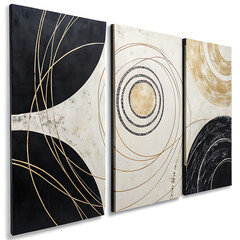 Abstract triptych art with black, white, and gold circles and lines. AI Generative. White background 