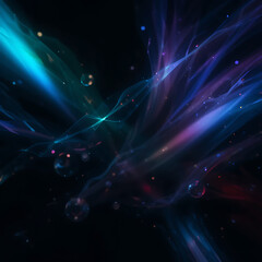 Cosmic Fluid Motion of Luminous Bubbles and Rainbow Streaks — Abstract Celestial Lightscape Featuring Colorful Floating Orbs and Energetic Beams on a Deep Black Ethereal Background