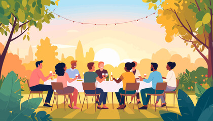 Diverse group of happy friends enjoying an outdoor dinner party together at a long table during a warm sunset.