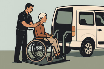 Caregiver assisting elderly woman in wheelchair onto accessible transport van, flat cartoon illustration of senior support