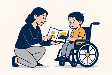 Caring woman reading picture book to happy boy in wheelchair, flat cartoon illustration for education and disability support