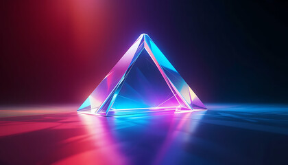 Blue pink neon prism crystal on dark background. 3D abstract geometric shape. Color gradient glow. Smooth reflection. Bright light shimmer. Futuristic shine. Holographic vibrant blur