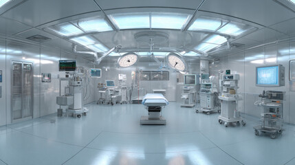 A surgical operating room with medical equipment and lights in a sterile environment setting
