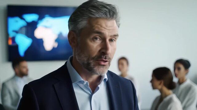 Focused businessman giving speech to his subordinates with world map background, concept for corporate presentation, employee training and international business meeting