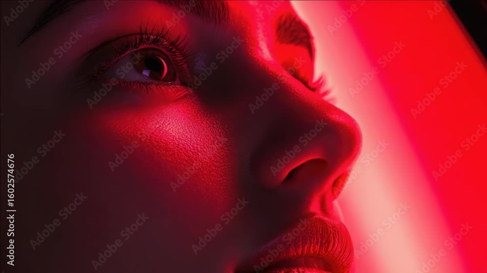 Poster this features a person with an intense gaze, set against a backdrop of a red light. it has a futuris