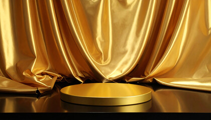 podium with golden fabric placed top luxury premium pedestal elegance background product presentation backdrop empty scene