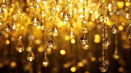 Golden crystal chandelier pendants, sparkling and shining, soft focus, luxurious ambiance.