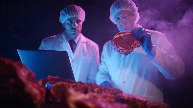Scientists comparing traditional meat and lab-grown samples under digital spectrometers