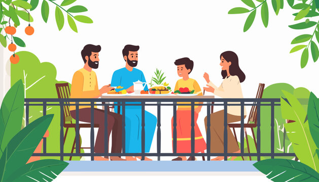 Happy family of four enjoying a meal together on a lush, plant-filled balcony.