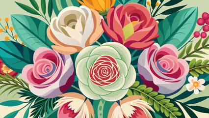 Vector art of a charming cluster of pink and white roses with green leaves presented in a flat illustrative style