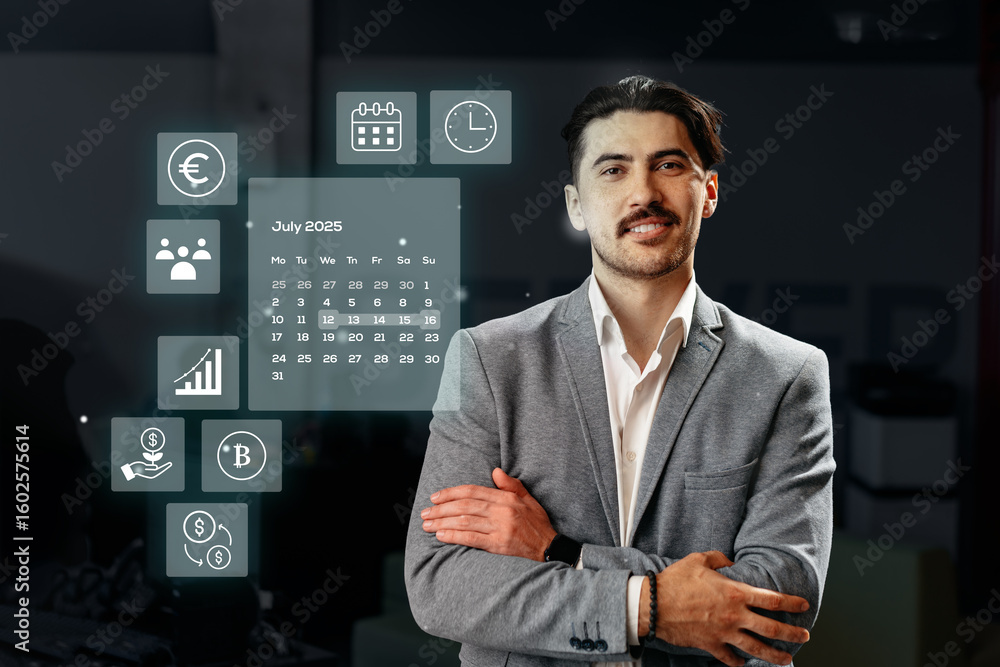 Poster professional man standing confidently with digital interface displaying financial and scheduling inf