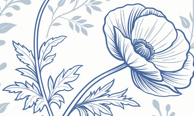 Elegant blue line art illustration of a wild poppy flower with botanical leaves on a white background.