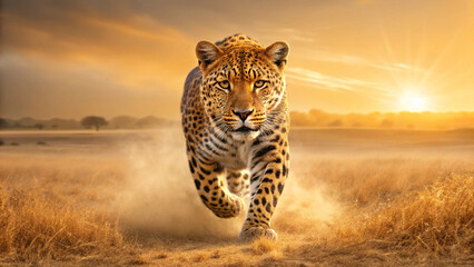 Powerful leopard captured mid stride, kicking up dust in golden sunset