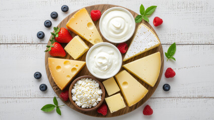 Assortment of fresh dairy products on rustic wooden board, featuring various cheeses and fruits