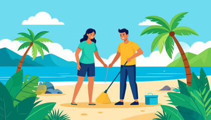 Smiling young couple in casual clothes cleaning a sandy beach, a man with a broom and a woman helping.