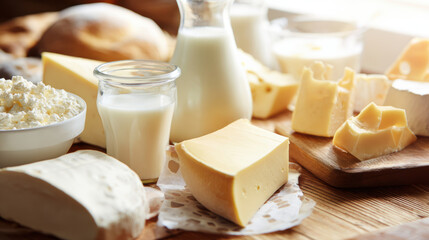 Fresh dairy products including cheese, milk, and yogurt arranged on wooden table
