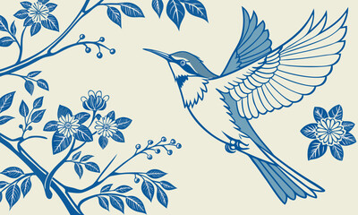 A charming blue line art illustration of a hummingbird flying near blooming branches
