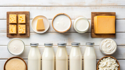 Fresh dairy products including milk, cheese, yogurt, and cream displayed on rustic wooden surface
