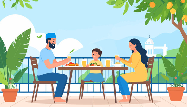Happy Muslim family with a child eating a meal together on a sunny outdoor terrace. - Powered by Adobe