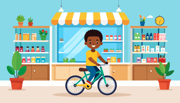 Smiling young Black boy with curly hair happily riding a colorful green and yellow bicycle.