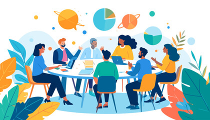 Diverse business team in a modern flat illustration style collaborating around a conference table with laptops and floating data charts.